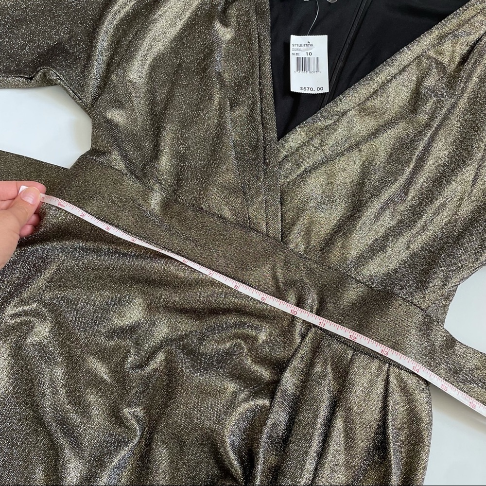 Teri Jon $570 Gold Shimmer Long Sleeve Gown w/Slit - Picture 10 of 16